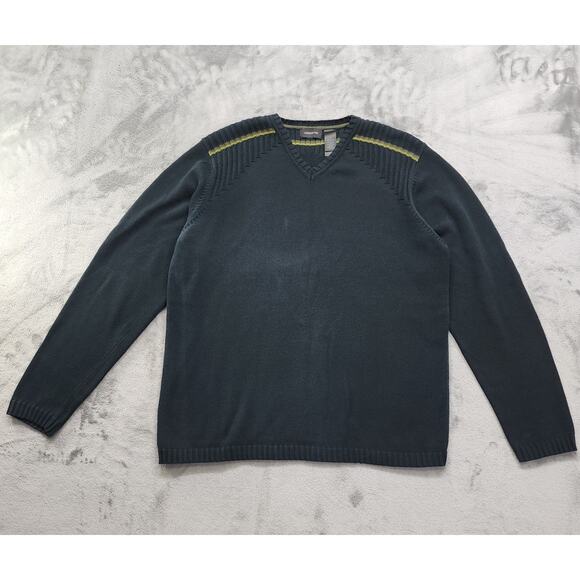 Vintage Claiborne Sweater Mens M Dark Blue Green Stripes V-Neck Pullover Preppy - Picture 1 of 9